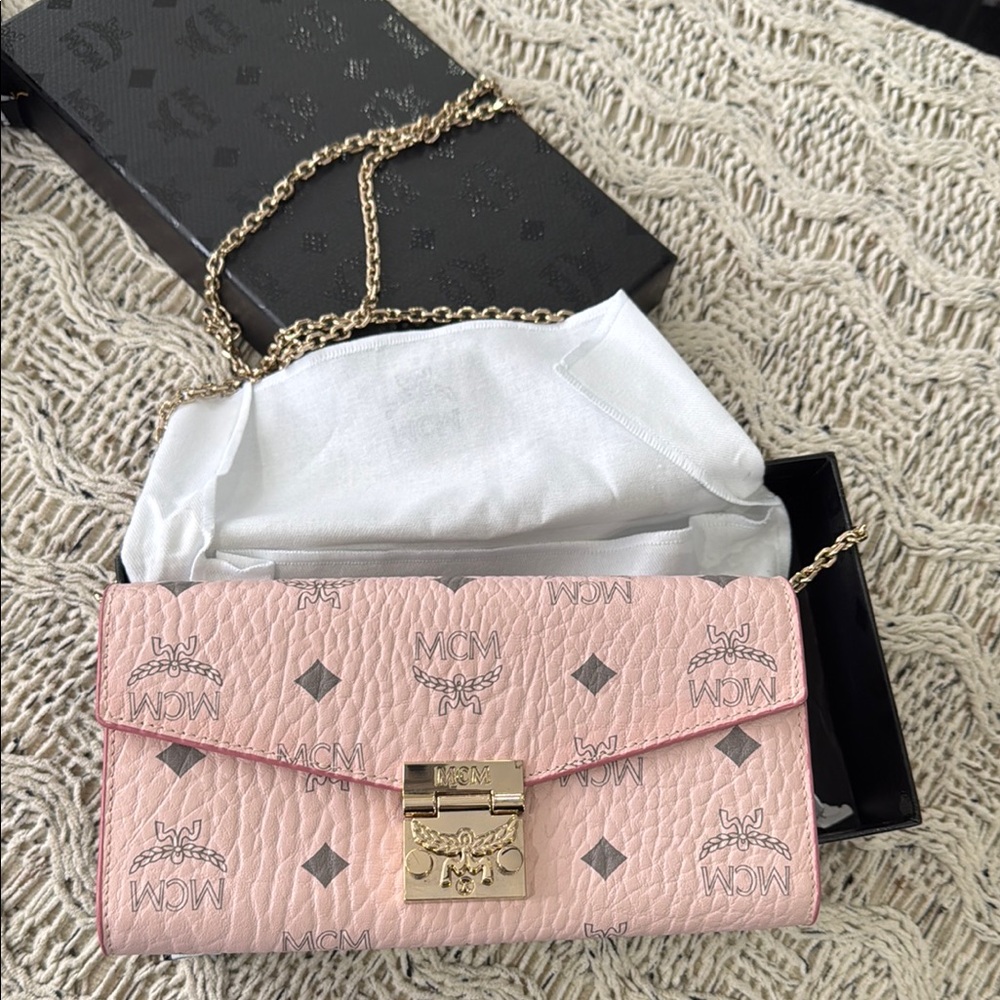 MCM Pink Clutch with Gold Hardware and Chain Strap